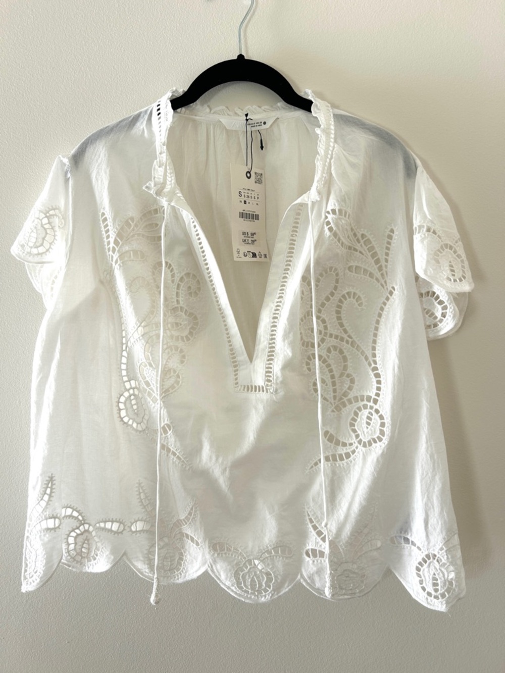 Zara White Cotton Eyelet Tie-Neck Blouse